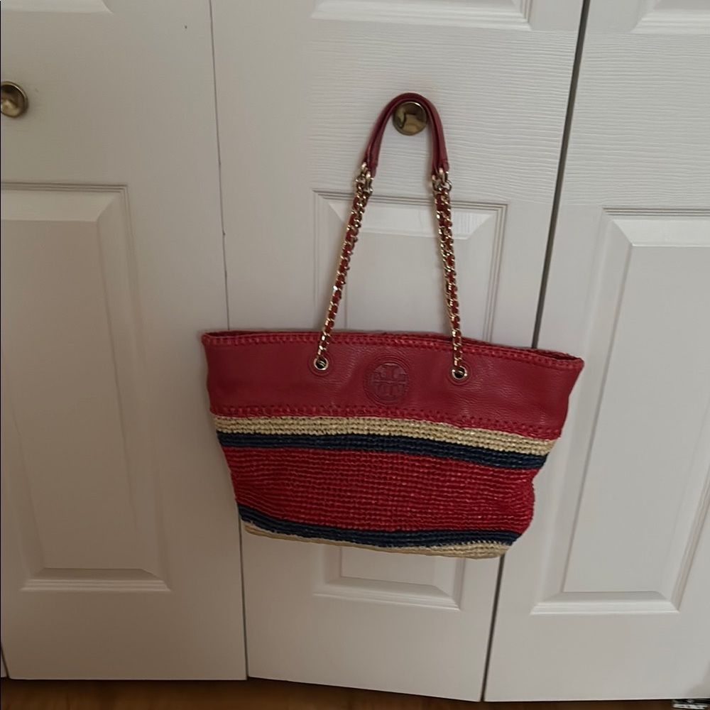 Tory Burch Red and Blue Woven Tote Bag
